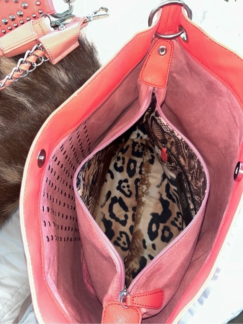 Sharif Coral Pink Studded Tote with Silver Chain